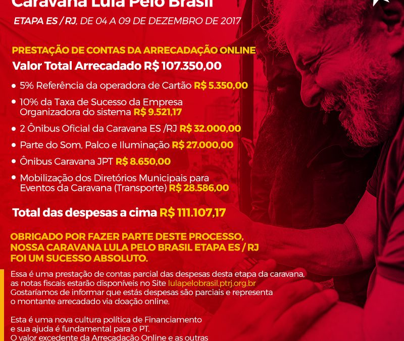 Confira a prestação de contas parcial da Caravana Lula Pelo Brasil, Etapa ES/RJ